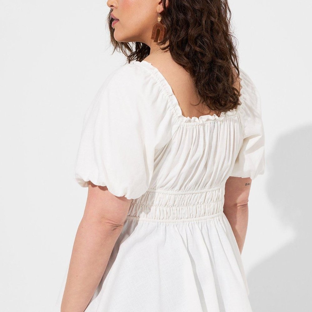 Torrid Linen Puff Sleeve Shirred Bodice Blouse - Picture 2 of 2